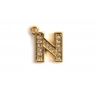 Bogstav m/zirkonia, N, 10,5x9 mm, forgyldt med 18K guld, 1 stk.