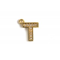 Bogstav m/zirkonia, T, 10x8 mm, forgyldt med 18K guld, 1 stk.
