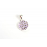 Vedhæng, lilla m/krystaller, rund, flad, forsølvet, 12x10 mm,
